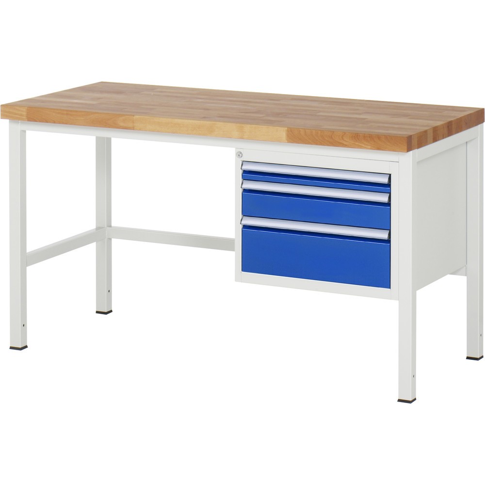 Číslo obrázku produktu 1: Pracovní stůl RAU řada 8000, VxŠxH 840 x 1500 x 700 mm, 3x zásuvka s výsuvem 90 %, 1 x 60, 1 x 120, 1 x 180 mm, nosnost zásuvky 100 kg