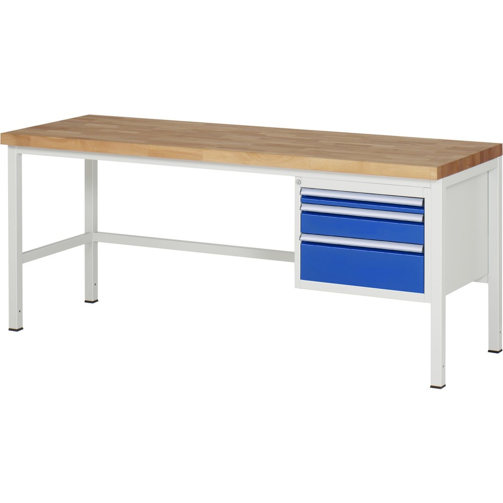 Číslo obrázku produktu 1: Pracovní stůl RAU řada 8000, VxŠxH 840 x 2000 x 700 mm, 3x zásuvka s výsuvem 100 %, 1 x 60, 1 x 120, 1 x 180 mm, nosnost zásuvky 100 kg