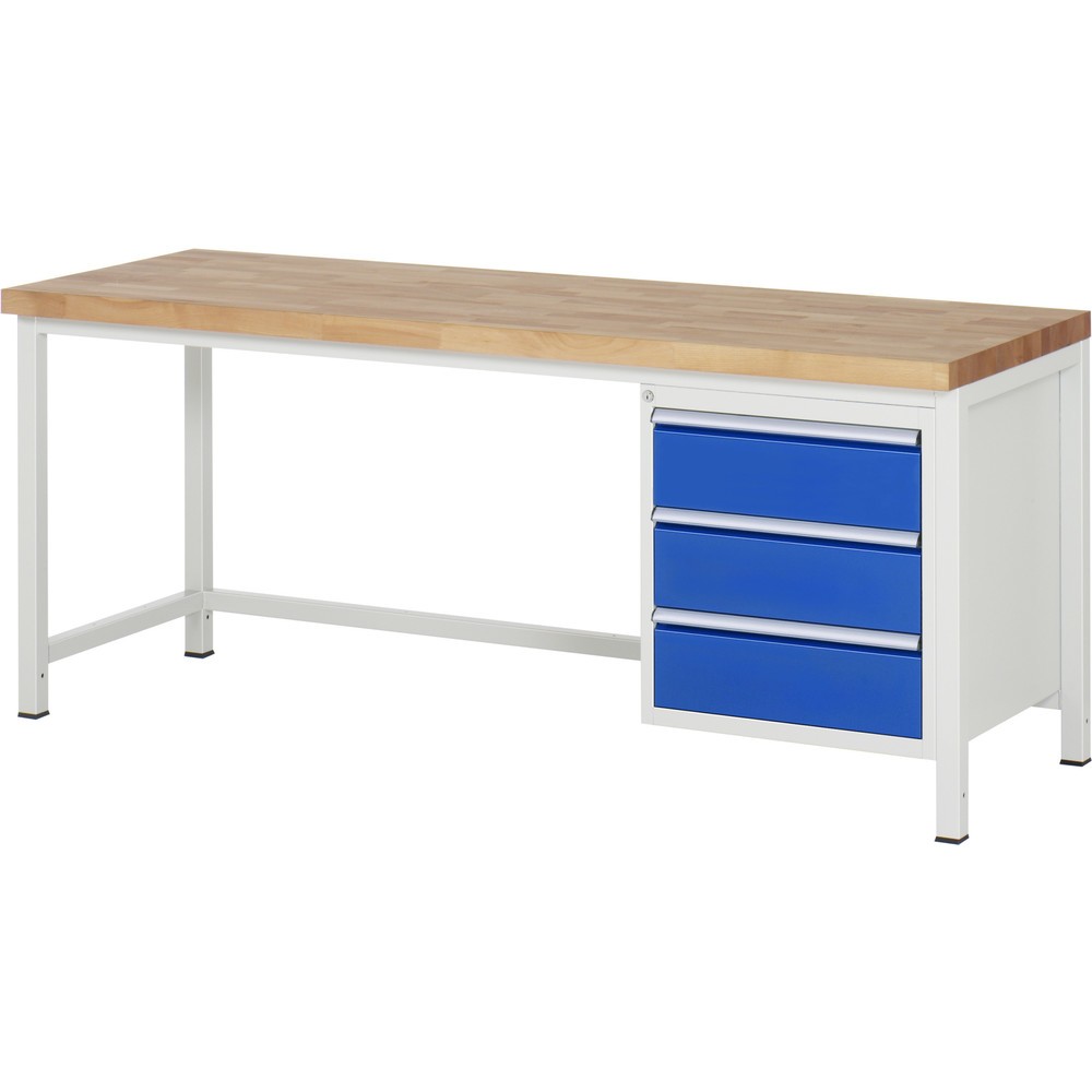 Číslo obrázku produktu 1: Pracovní stůl RAU řada 8000, VxŠxH 840 x 2000 x 700 mm, 3x zásuvka s výsuvem 100 %, 3 x 180 mm, nosnost zásuvky 100 kg