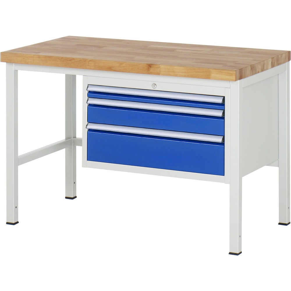 Číslo obrázku produktu 1: Pracovní stůl RAU řada 8000, VxŠxH 840 x 1250 x 700 mm, 3x zásuvka s výsuvem 100 %, 1 x 60, 1 x 120, 1 x 180 mm, nosnost zásuvky 75 kg