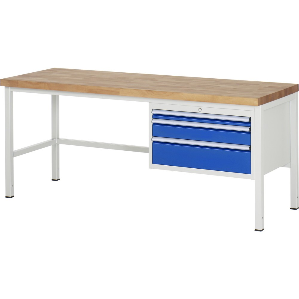 Číslo obrázku produktu 1: Pracovní stůl RAU řada 8000, VxŠxH 840 x 2000 x 700 mm, 3x zásuvka s výsuvem 100 %, 1 x 60, 1 x 120, 1 x 180 mm, nosnost zásuvky 75 kg