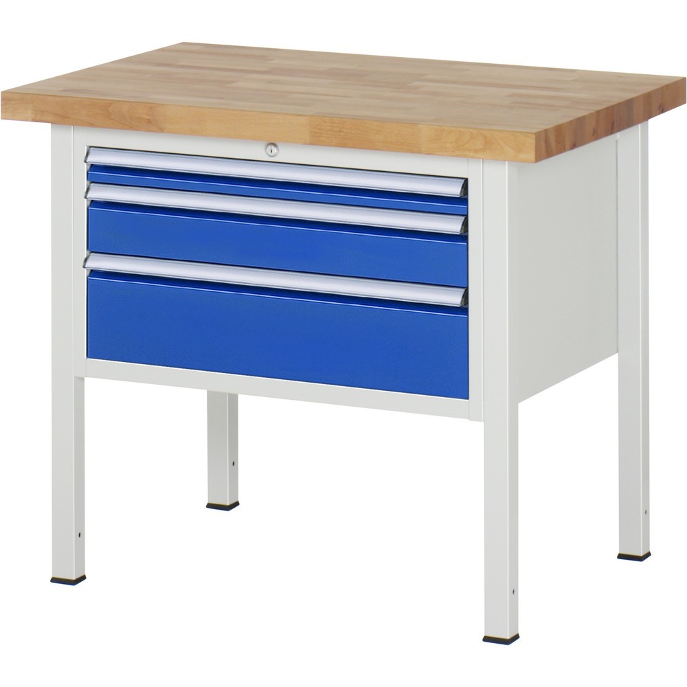 Číslo obrázku produktu 1: Pracovní stůl RAU řada 8000, VxŠxH 840 x 1000 x 700 mm, 3x zásuvka s výsuvem 90 %, 1 x 60, 1 x 120, 1 x 180 mm, nosnost zásuvky 75 kg
