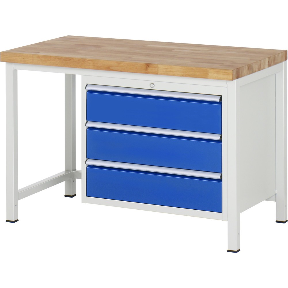 Číslo obrázku produktu 1: Pracovní stůl RAU řada 8000, VxŠxH 840 x 1250 x 700 mm, 3x zásuvka s výsuvem 100 %, 3 x 180 mm, nosnost zásuvky 75 kg