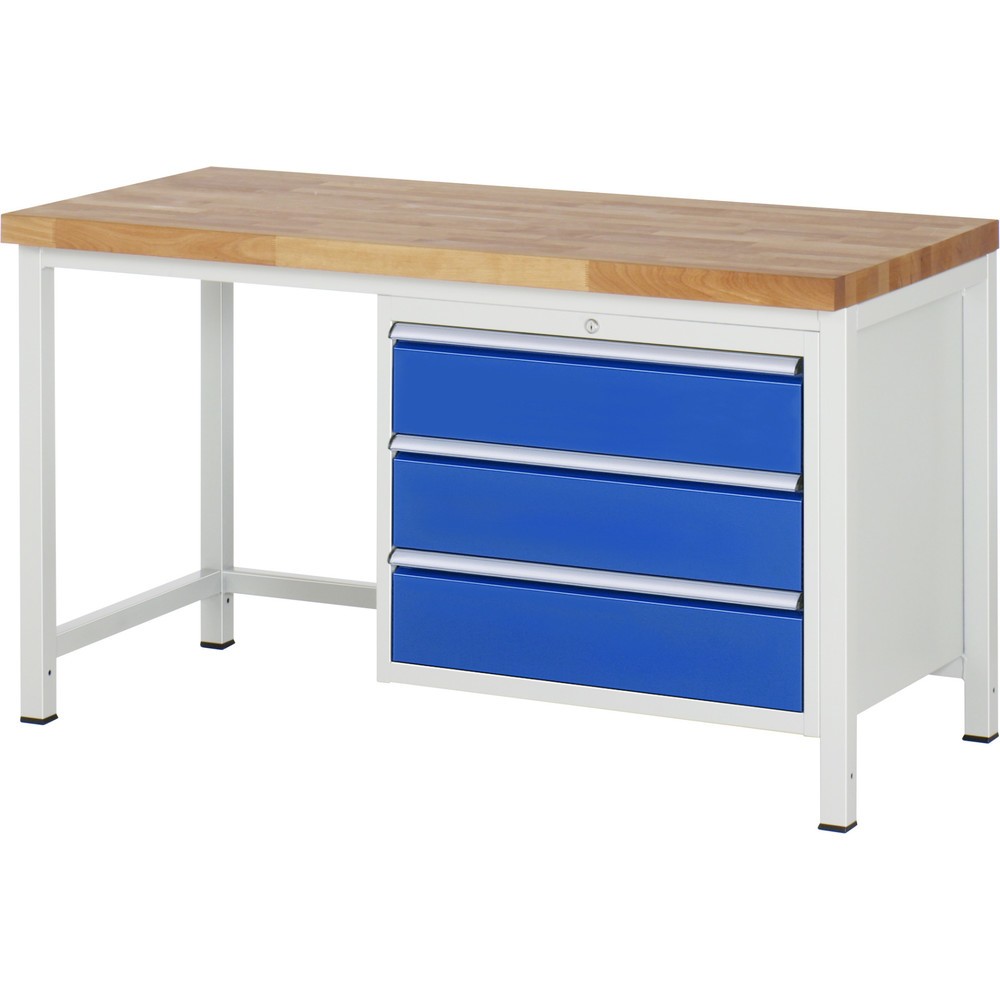 Číslo obrázku produktu 1: Pracovní stůl RAU řada 8000, VxŠxH 840 x 1500 x 700 mm, 3x zásuvka s výsuvem 100 %, 3 x 180 mm, nosnost zásuvky 75 kg