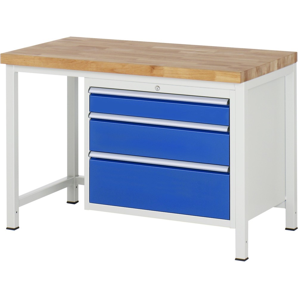 Číslo obrázku produktu 1: Pracovní stůl RAU řada 8000, VxŠxH 840 x 1250 x 700 mm, 3x zásuvka s výsuvem 100 %, 1 x 120, 1 x 180, 1 x 240 mm, nosnost zásuvky 75 kg