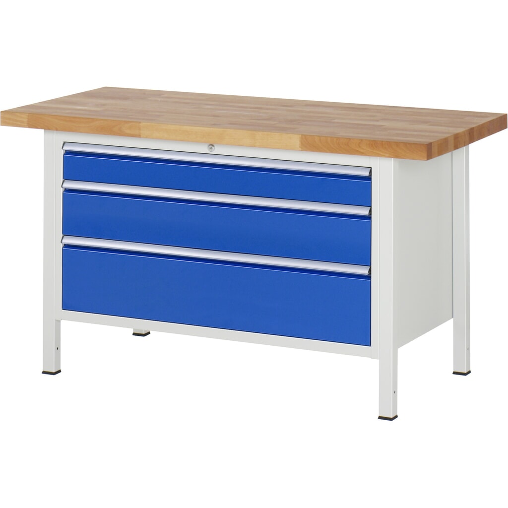 Pracovní stůl RAU řada 8000, VxŠxH 840 x 1500 x 700 mm, 3x zásuvka s výsuvem 100 %, 1 x 120, 1 x 180, 1 x 240 mm, nosnost zásuvky 50 kg Obrázek produktu: Pracovní stůl RAU řada 8000, VxŠxH 840 x 1500 x 700 mm, 3x zásuvka s výsuvem 100 %, 1 x 120, 1 x 180, 1 x 240 mm, nosnost zásuvky 50 kg