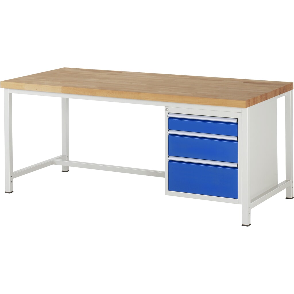 Pracovní stůl RAU, řada 8000, V׊×H 840-1040 × 2000 × 900 mm, 1 spodní kontejner vpravo, 3 zásuvky Obrázek produktu: Pracovní stůl RAU, řada 8000, V׊×H 840-1040 × 2000 × 900 mm, 1 spodní kontejner vpravo, 3 zásuvky