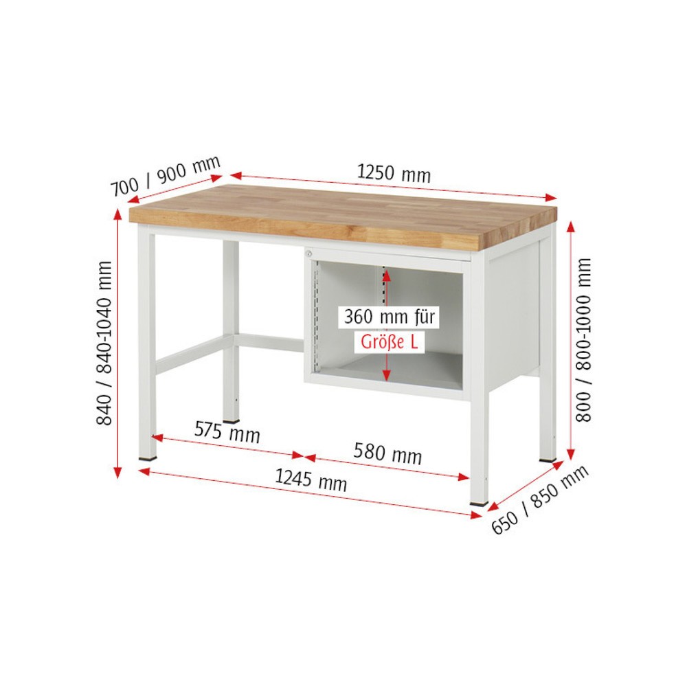 Číslo obrázku produktu 3: Pracovní stůl RAU řada 8000, VxŠxH 840 x 1250 x 700 mm, 2x zásuvka s výsuvem 100 %, 2 x 180 mm, nosnost zásuvky 100 kg