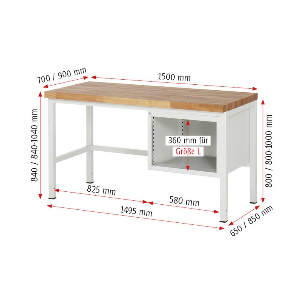 Číslo obrázku produktu 7: Pracovní stůl RAU řada 8000, VxŠxH 840-1040 x 1500 x 900 mm, 3x zásuvka s výsuvem 90 %, 1 x 60, 1 x 120, 1 x 180 mm, nosnost zásuvky 100 kg