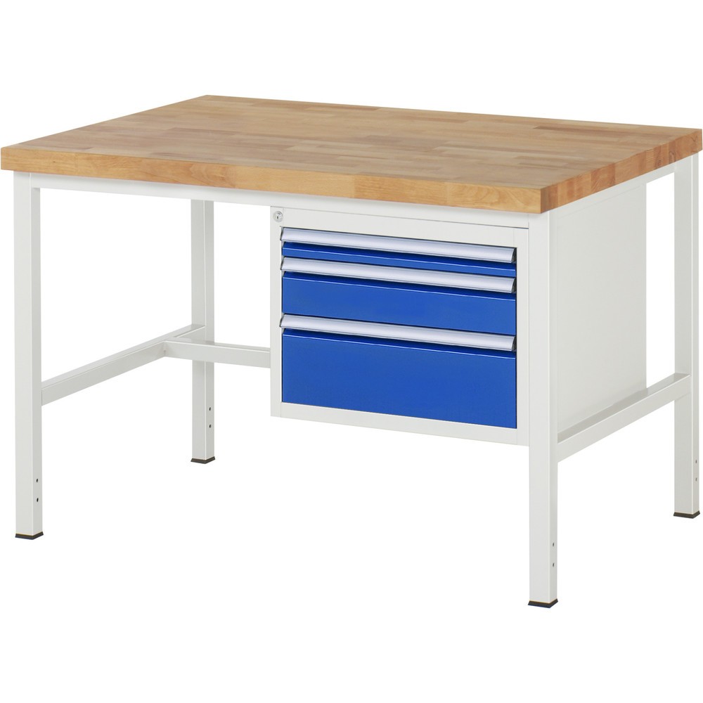Číslo obrázku produktu 1: Pracovní stůl RAU řada 8000, VxŠxH 840-1040 x 1250 x 900 mm, 3x zásuvka s výsuvem 90 %, 1 x 60, 1 x 120, 1 x 180 mm, nosnost zásuvky 100 kg