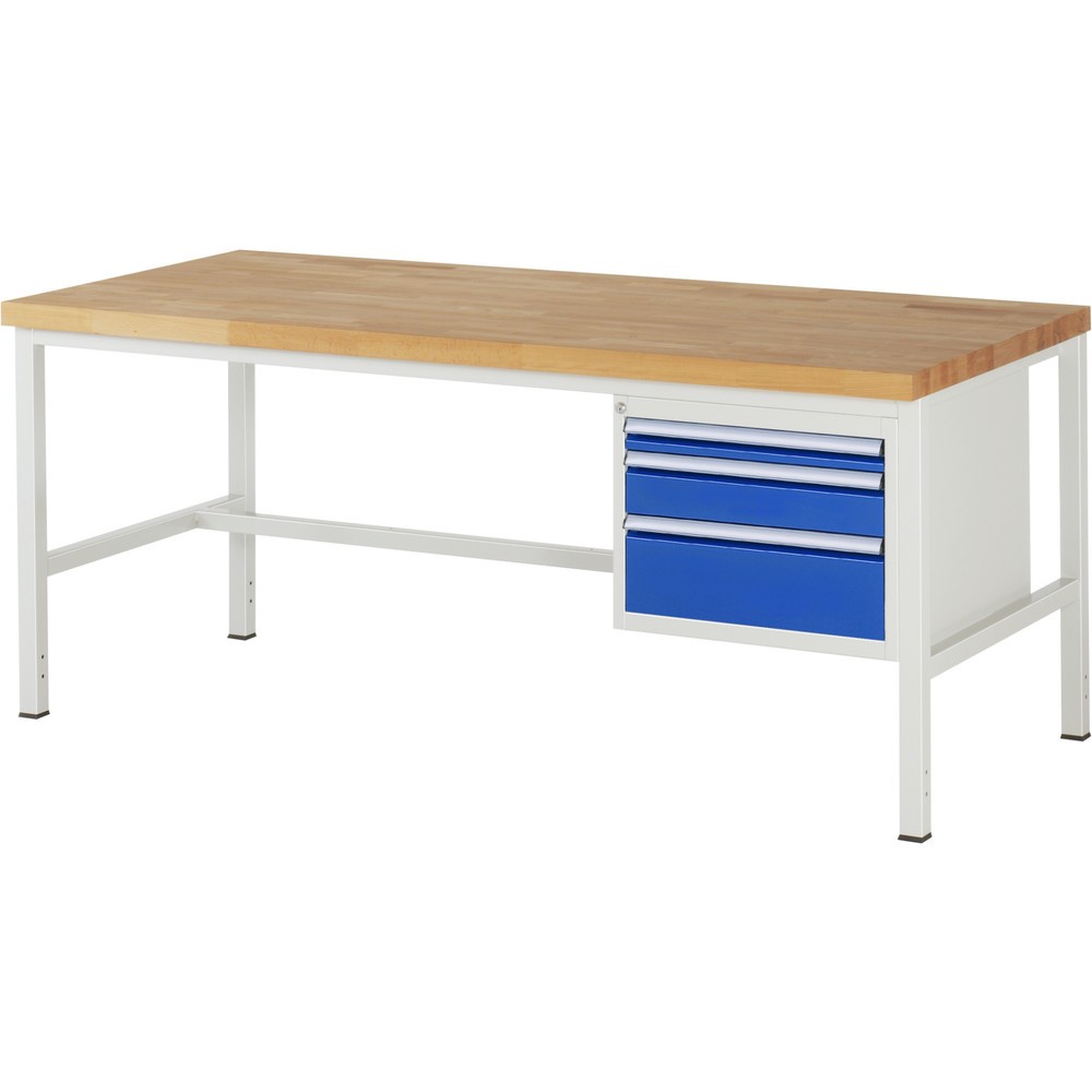 Číslo obrázku produktu 1: Pracovní stůl RAU řada 8000, VxŠxH 840-1040 x 2000 x 900 mm, 3x zásuvka s výsuvem 90 %, 1 x 60, 1 x 120, 1 x 180 mm, nosnost zásuvky 100 kg