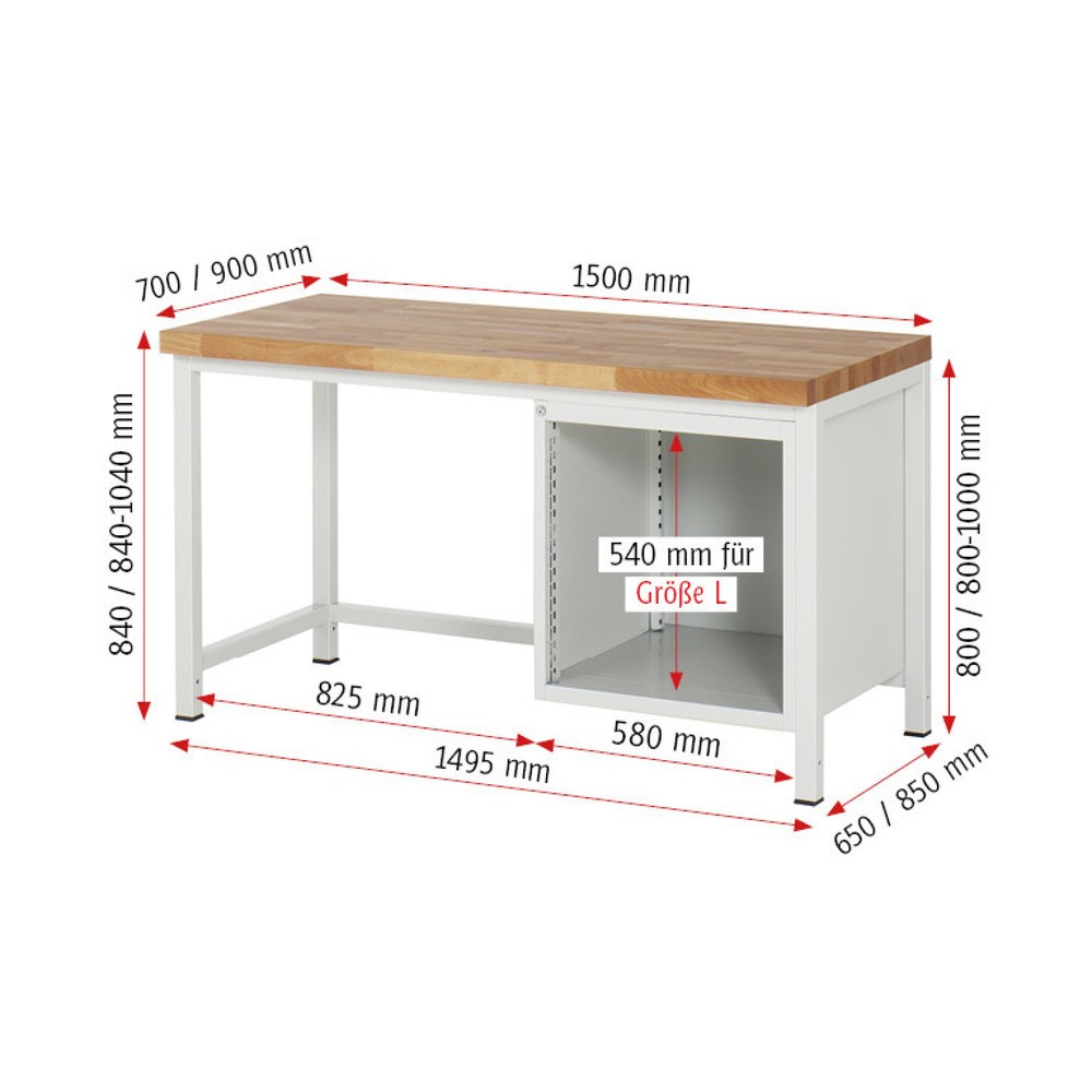 Číslo obrázku produktu 5: Pracovní stůl RAU řada 8000, VxŠxH 840-1040 x 1500 x 900 mm, 2x zásuvka s výsuvem 100 %, 1 x 180, 1 x 360 mm, nosnost zásuvky 100 kg