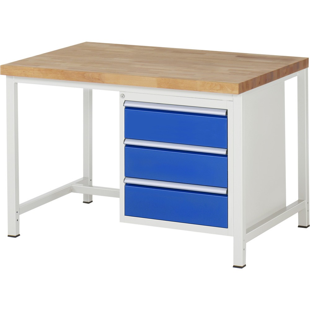 Obrázek produktu: Pracovní stůl RAU řada 8000, VxŠxH 840-1040 x 1250 x 900 mm, 3x zásuvka s výsuvem 90 %, 3 x 180 mm, nosnost zásuvky 100 kg