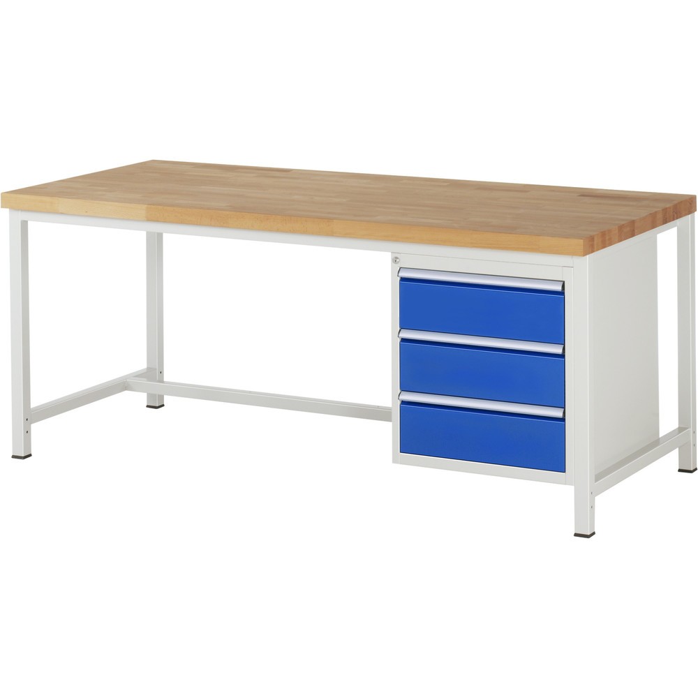 Číslo obrázku produktu 1: Pracovní stůl RAU řada 8000, VxŠxH 840 x 2000 x 900 mm, 3x zásuvka s výsuvem 100 %, 3 x 180 mm, nosnost zásuvky 100 kg