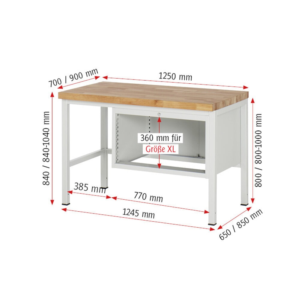 Číslo obrázku produktu 5: Pracovní stůl RAU řada 8000, VxŠxH 840 x 1250 x 900 mm, 3x zásuvka s výsuvem 90 %, 3 x 120 mm, nosnost zásuvky 75 kg