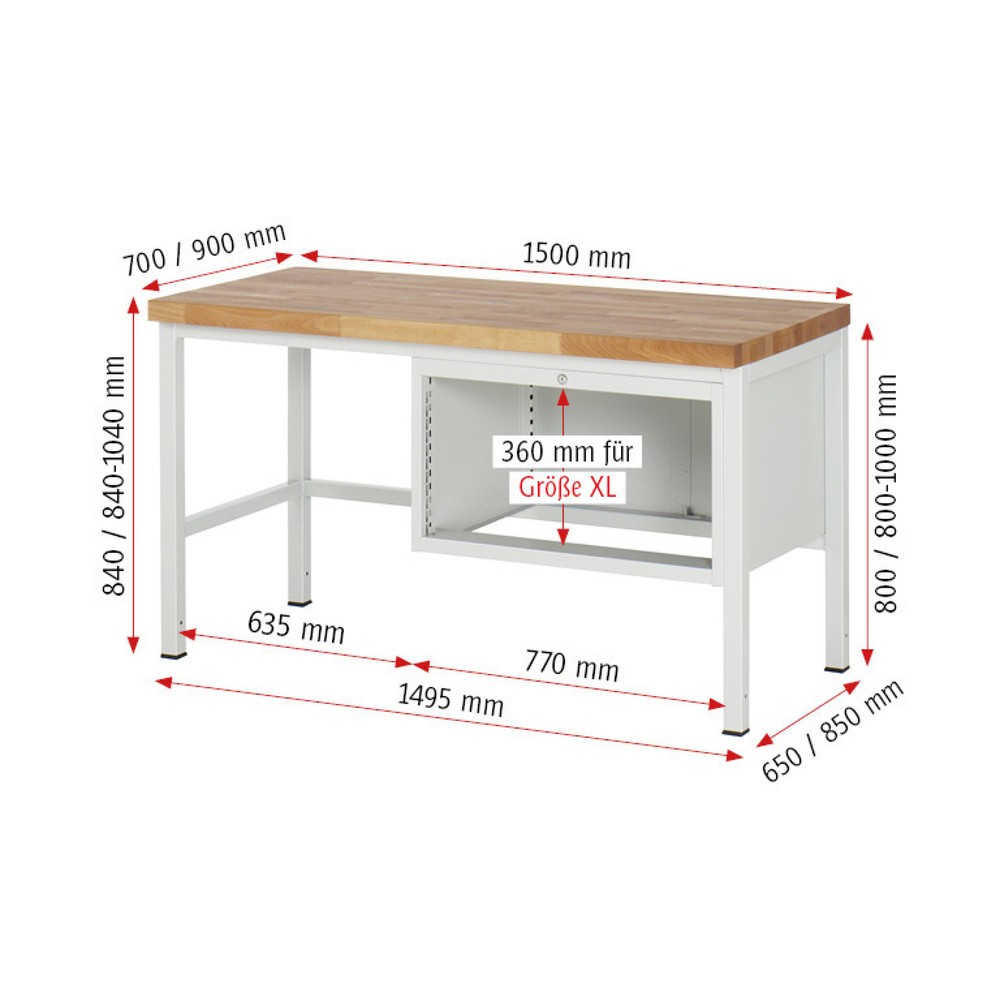 Číslo obrázku produktu 4: Pracovní stůl RAU řada 8000, VxŠxH 840 x 1500 x 900 mm, 4x zásuvka s výsuvem 90 %, 1 x 60, 2 x 90, 1 x 120 mm, nosnost zásuvky 75 kg