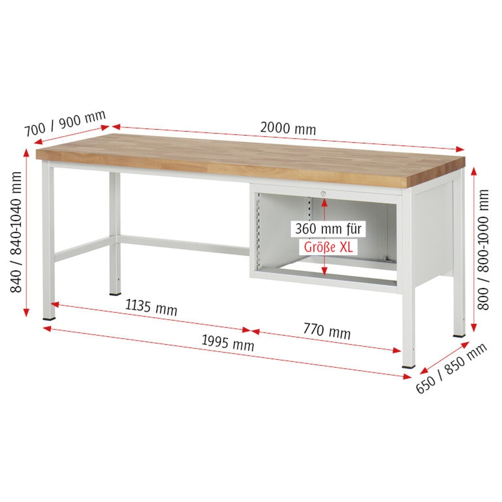Číslo obrázku produktu 7: Pracovní stůl RAU řada 8000, VxŠxH 840-1040 x 2000 x 900 mm, 2x zásuvka s výsuvem 90 %, 1 x 150, 1 x 210 mm, nosnost zásuvky 75 kg