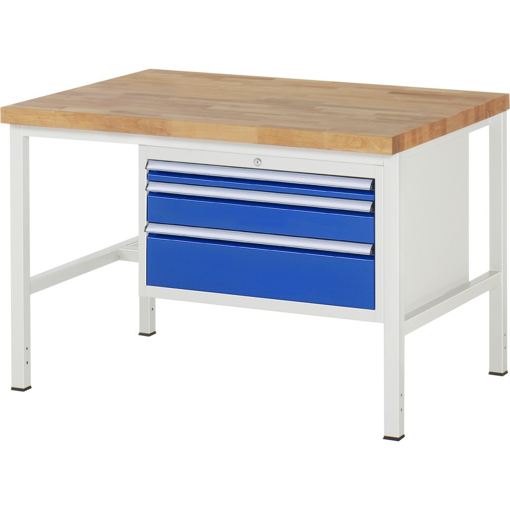 Číslo obrázku produktu 1: Pracovní stůl RAU řada 8000, VxŠxH 840-1040 x 1250 x 900 mm, 3x zásuvka s výsuvem 90 %, 1 x 60, 1 x 120, 1 x 180 mm, nosnost zásuvky 75 kg