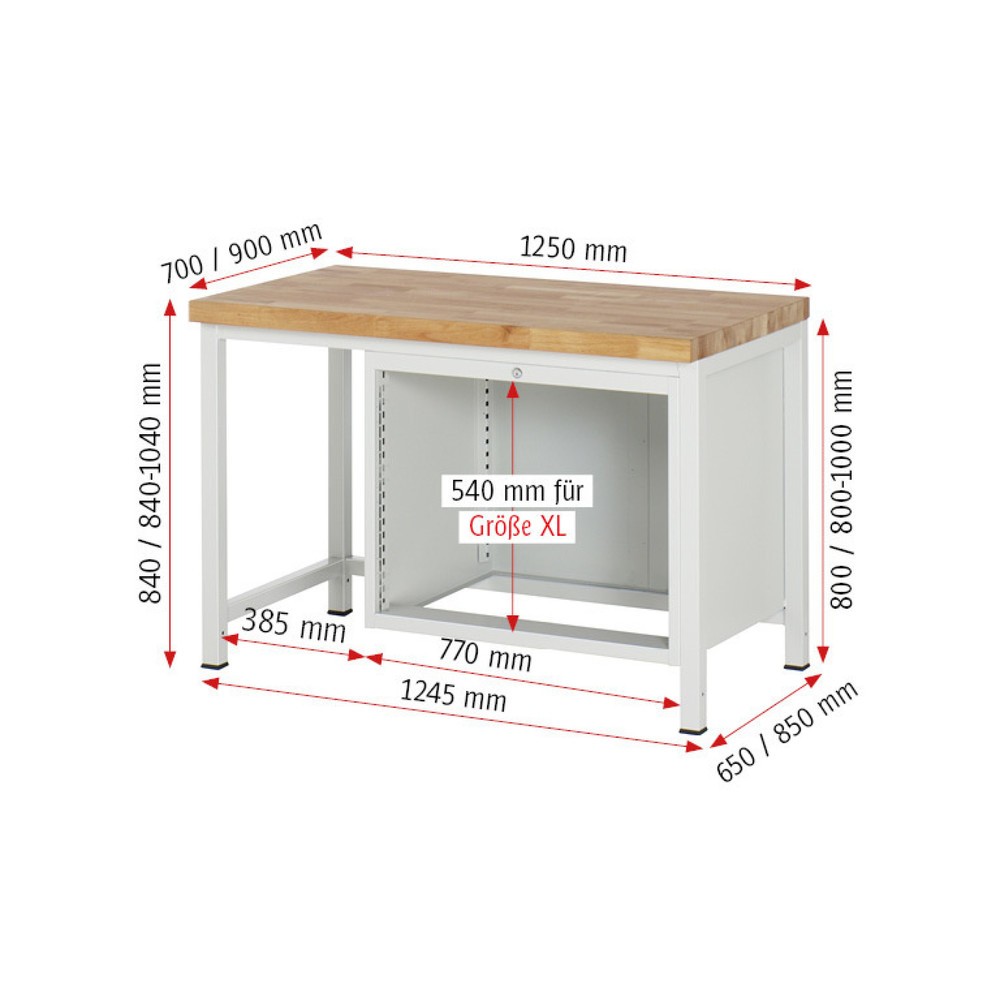 Číslo obrázku produktu 5: Pracovní stůl RAU řada 8000, VxŠxH 840-1040 x 1250 x 900 mm, 2x zásuvka s výsuvem 90 %, 1 x 180, 1 x 360 mm, nosnost zásuvky 75 kg