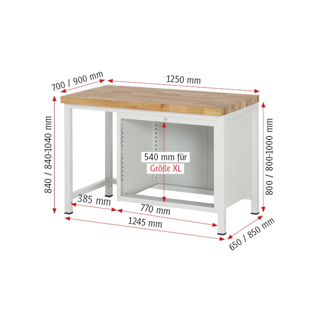 Číslo obrázku produktu 7: Pracovní stůl RAU řada 8000, VxŠxH 840-1040 x 1250 x 900 mm, 2x zásuvka s výsuvem 100 %, 1 x 180, 1 x 360 mm, nosnost zásuvky 75 kg