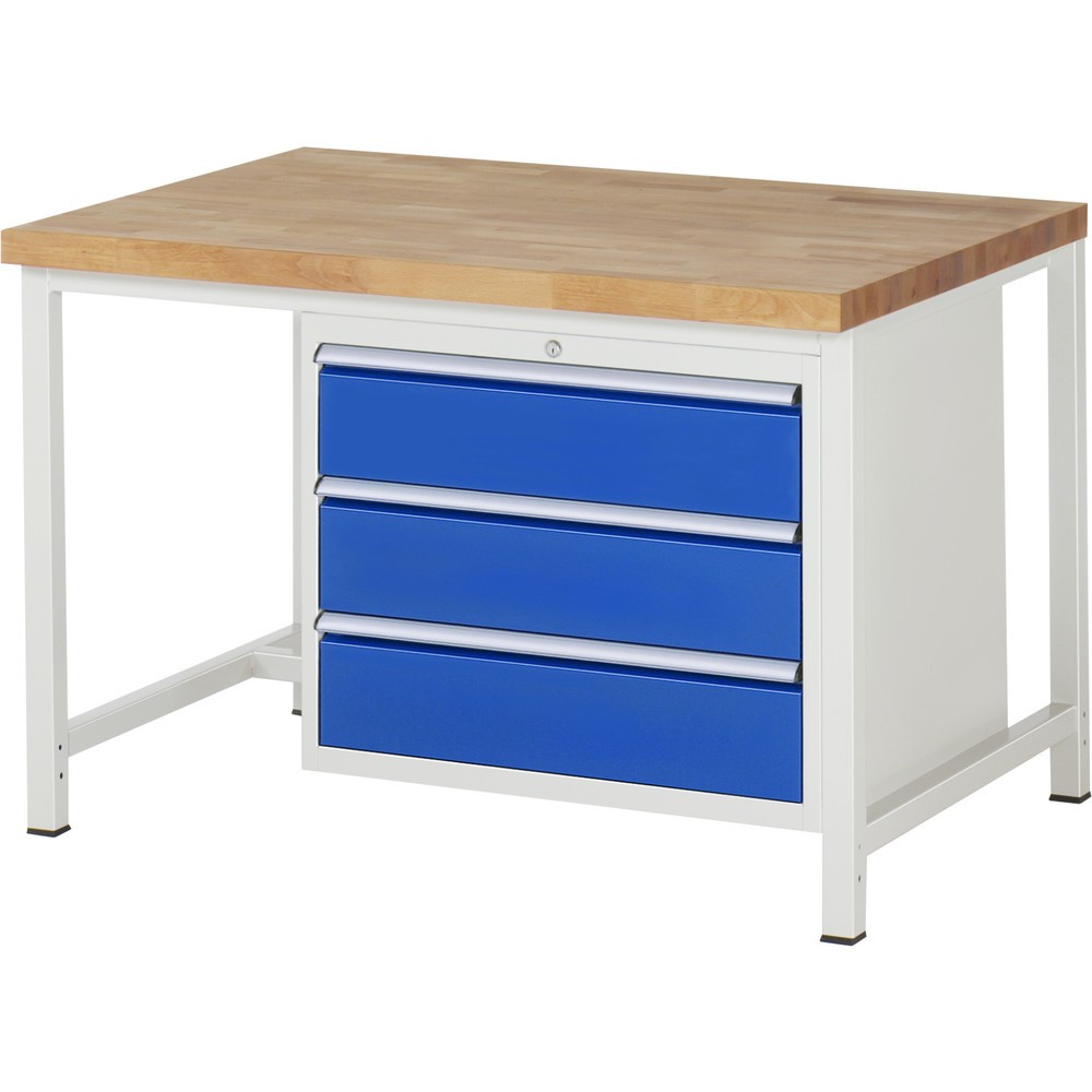 Číslo obrázku produktu 1: Pracovní stůl RAU řada 8000, VxŠxH 840 x 1250 x 900 mm, 3x zásuvka s výsuvem 90 %, 3 x 180 mm, nosnost zásuvky 75 kg