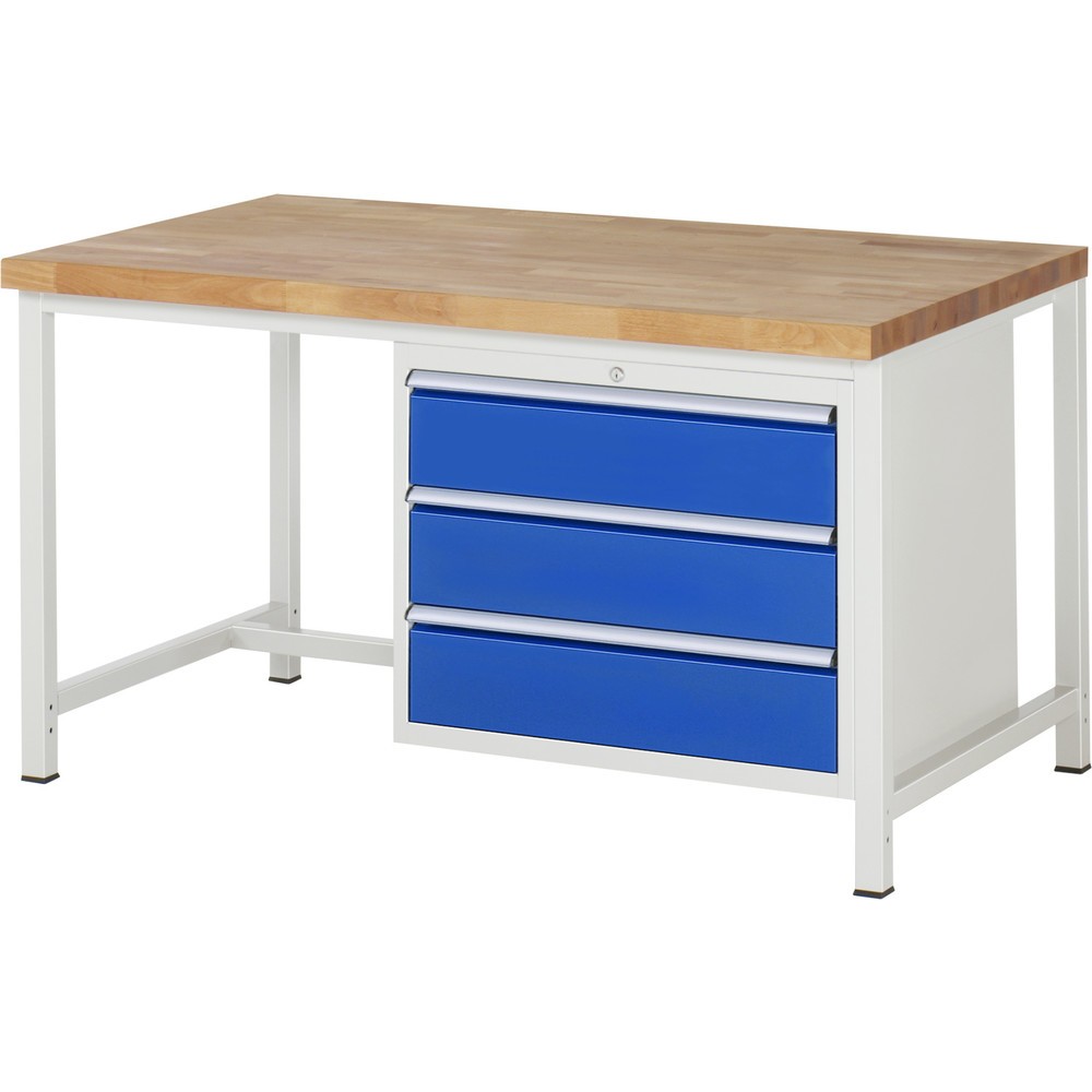 Číslo obrázku produktu 1: Pracovní stůl RAU řada 8000, VxŠxH 840 x 1500 x 900 mm, 3x zásuvka s výsuvem 90 %, 3 x 180 mm, nosnost zásuvky 75 kg