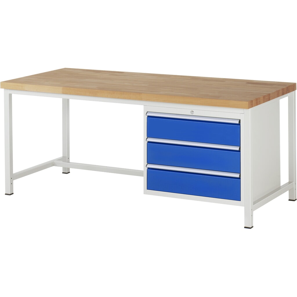 Pracovní stůl RAU řada 8000, VxŠxH 840 x 2000 x 900 mm, 3x zásuvka s výsuvem 90 %, 3 x 180 mm, nosnost zásuvky 75 kg Obrázek produktu: Pracovní stůl RAU řada 8000, VxŠxH 840 x 2000 x 900 mm, 3x zásuvka s výsuvem 90 %, 3 x 180 mm, nosnost zásuvky 75 kg