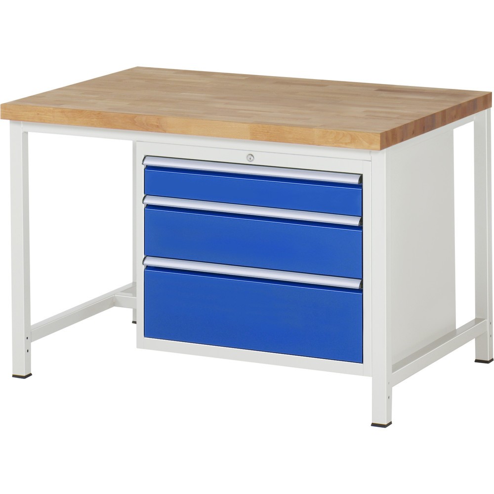 Číslo obrázku produktu 1: Pracovní stůl RAU řada 8000, VxŠxH 840 x 1250 x 900 mm, 3x zásuvka s výsuvem 90 %, 1 x 120, 1 x 180, 1 x 240 mm, nosnost zásuvky 75 kg