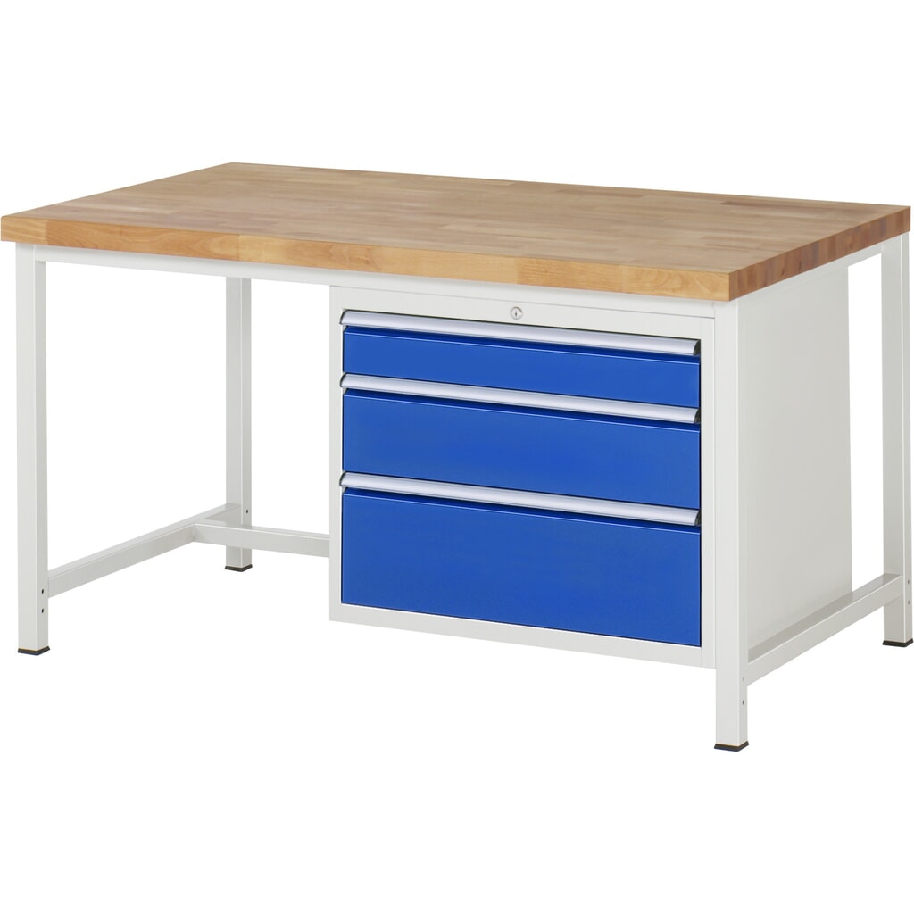 Pracovní stůl RAU řada 8000, VxŠxH 840 x 1500 x 900 mm, 3x zásuvka s výsuvem 90 %, 1 x 120, 1 x 180, 1 x 240 mm, nosnost zásuvky 75 kg Obrázek produktu: Pracovní stůl RAU řada 8000, VxŠxH 840 x 1500 x 900 mm, 3x zásuvka s výsuvem 90 %, 1 x 120, 1 x 180, 1 x 240 mm, nosnost zásuvky 75 kg