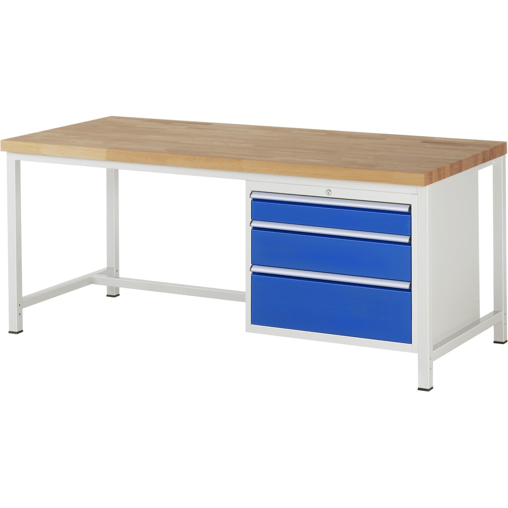 Obrázek produktu: Pracovní stůl RAU řada 8000, VxŠxH 840 x 2000 x 900 mm, 3x zásuvka s výsuvem 90 %, 1 x 120, 1 x 180, 1 x 240 mm, nosnost zásuvky 75 kg