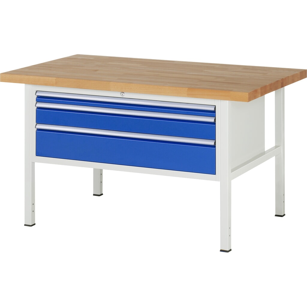 Obrázek produktu: Pracovní stůl RAU řada 8000, VxŠxH 840 x 1500 x 900 mm, 3x zásuvka s výsuvem 90 %, 1 x 60, 1 x 120, 1 x 180 mm, nosnost zásuvky 50 kg