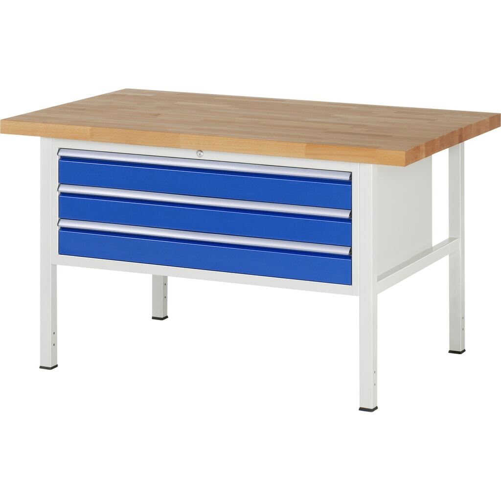 Pracovní stůl RAU řada 8000, VxŠxH 840-1040 x 1500 x 900 mm, 3x zásuvka s výsuvem 100 %, 3 x 120 mm, nosnost zásuvky 50 kg Obrázek produktu: Pracovní stůl RAU řada 8000, VxŠxH 840-1040 x 1500 x 900 mm, 3x zásuvka s výsuvem 100 %, 3 x 120 mm, nosnost zásuvky 50 kg