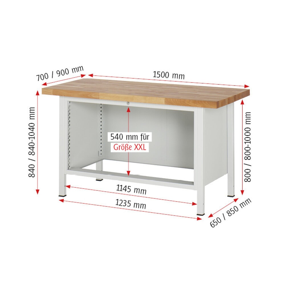 Číslo obrázku produktu 8: Pracovní stůl RAU řada 8000, VxŠxH 840-1040 x 1500 x 700 mm, 5x zásuvka s výsuvem 90 %, 4 x 90, 1 x 180 mm, nosnost zásuvky 50 kg