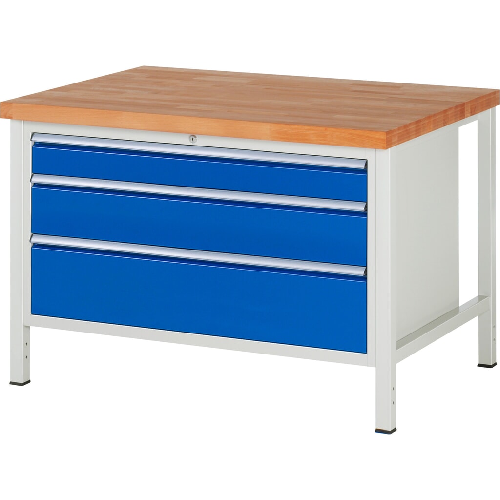 Obrázek produktu: Pracovní stůl RAU řada 8000, VxŠxH 840 x 1250 x 900 mm, 3x zásuvka s výsuvem 100 %, 1 x 120, 1 x 180, 1 x 240 mm, nosnost zásuvky 50 kg