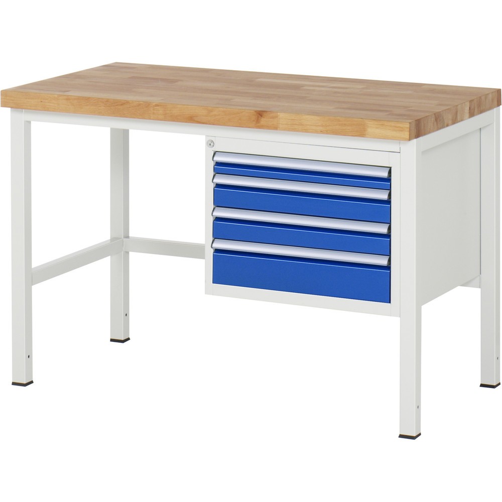 Číslo obrázku produktu 1: Pracovní stůl RAU řada 8000, VxŠxH 840 x 1250 x 700 mm, 4x zásuvka s výsuvem 90 %, 1 x 60, 2 x 90, 1 x 120 mm, nosnost zásuvky 100 kg