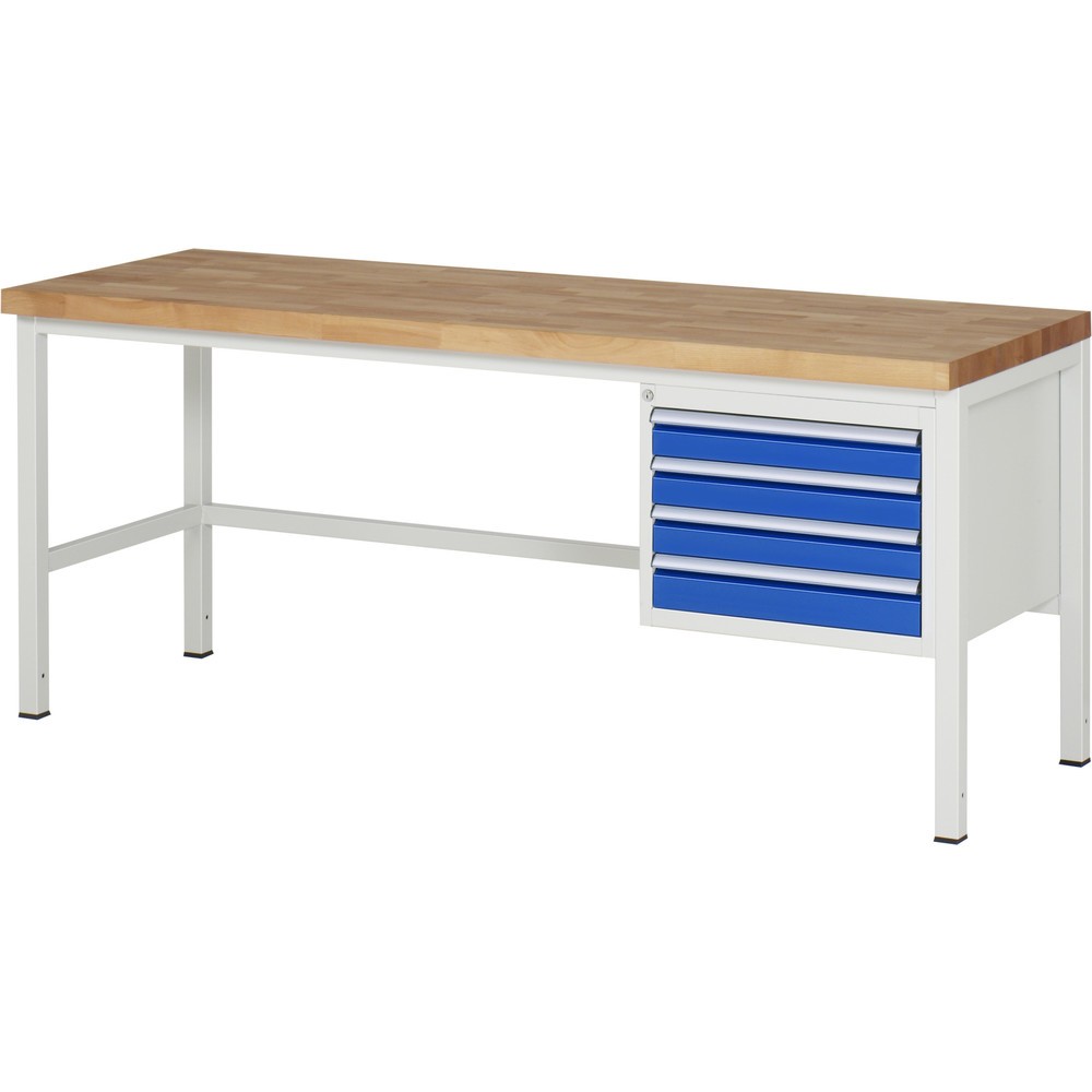 Číslo obrázku produktu 1: Pracovní stůl RAU řada 8000, VxŠxH 840 x 2000 x 700 mm, 4x zásuvka s výsuvem 90 %, 4 x 90 mm, nosnost zásuvky 100 kg