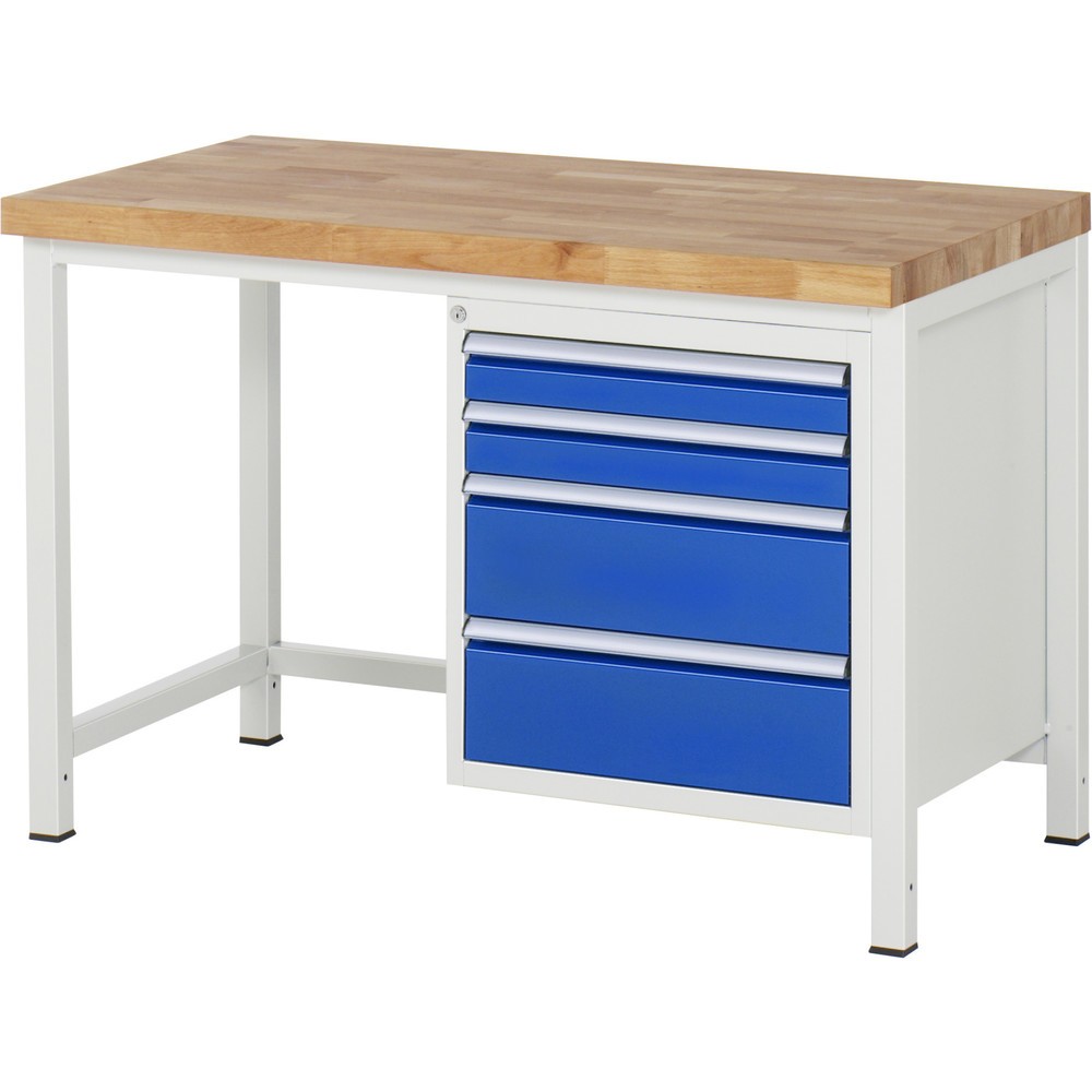 Číslo obrázku produktu 1: Pracovní stůl RAU řada 8000, VxŠxH 840-1040 x 1250 x 700 mm, 4x zásuvka s výsuvem 90 %, 2 x 90, 2 x 180 mm, nosnost zásuvky 100 kg