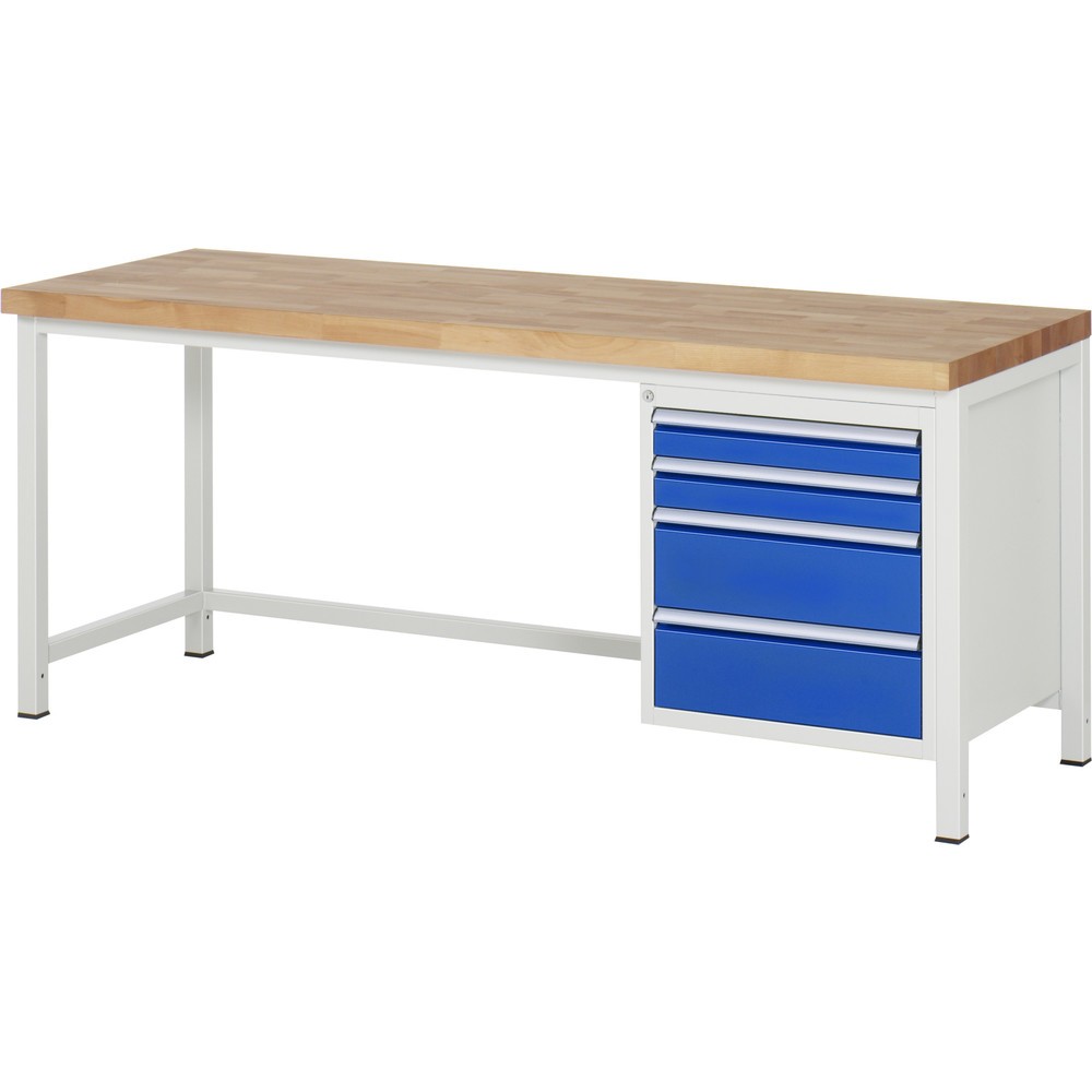 Číslo obrázku produktu 1: Pracovní stůl RAU řada 8000, VxŠxH 840-1040 x 2000 x 700 mm, 4x zásuvka s výsuvem 90 %, 2 x 90, 2 x 180 mm, nosnost zásuvky 100 kg