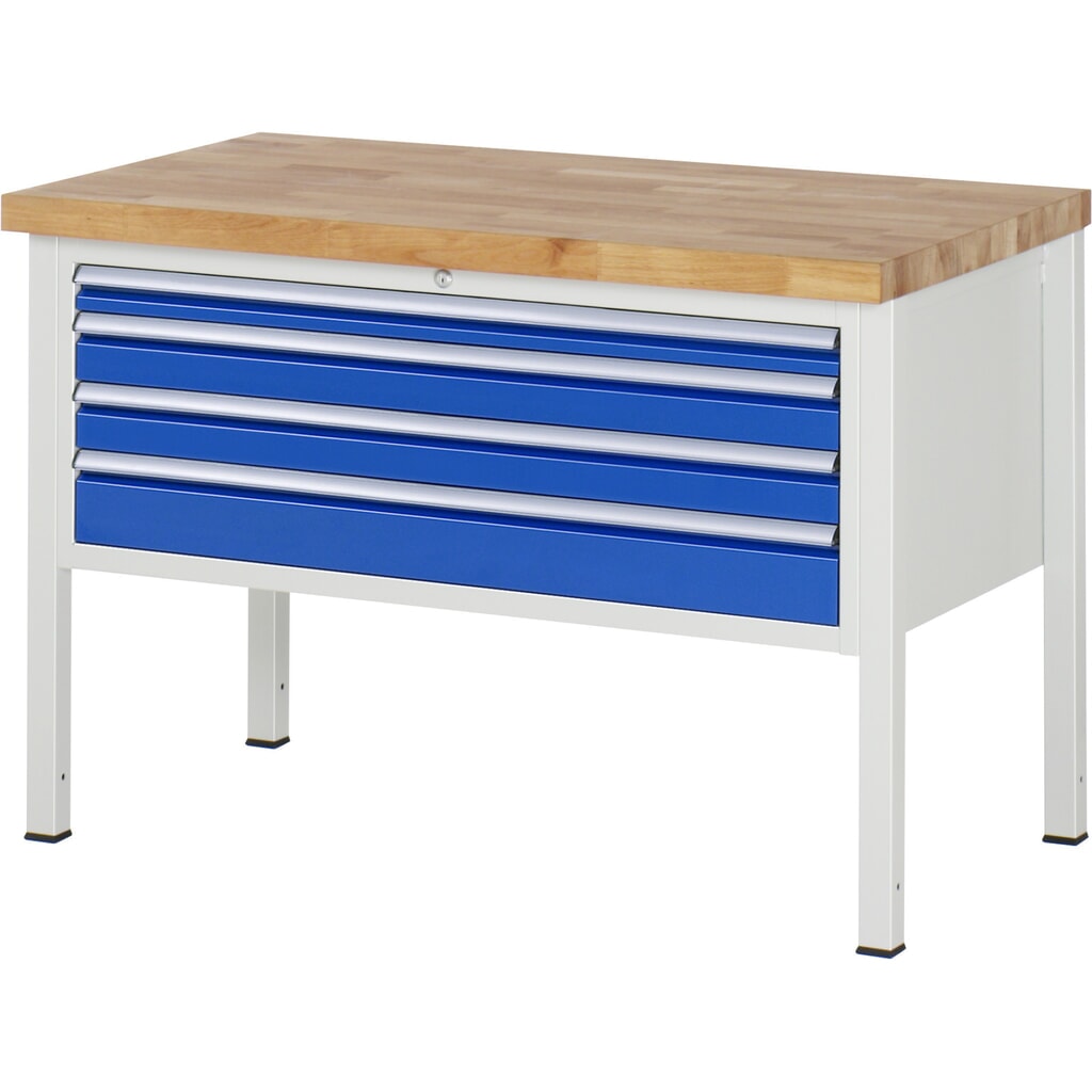 Obrázek produktu: Pracovní stůl RAU řada 8000, VxŠxH 840 x 1250 x 700 mm, 4x zásuvka s výsuvem 90 %, 1 x 60, 2 x 90, 1 x 120 mm, nosnost zásuvky 50 kg