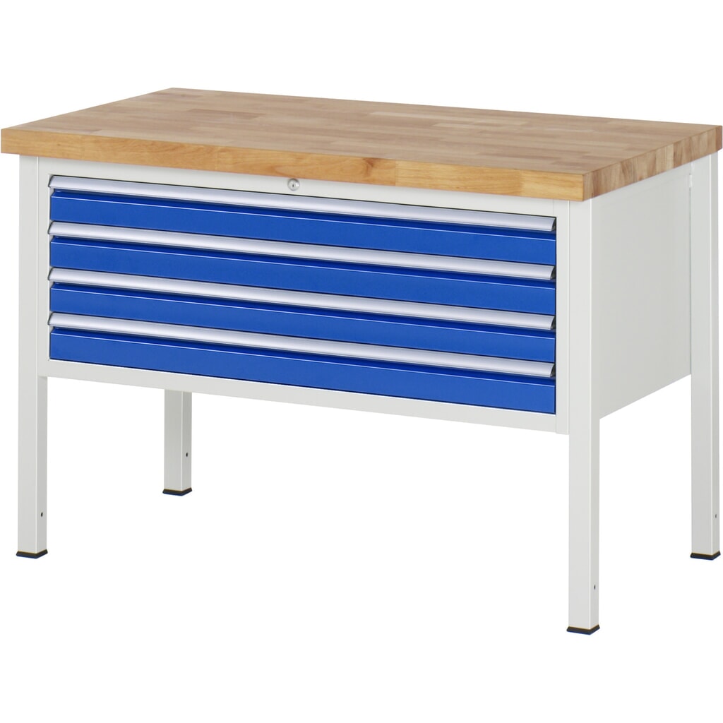 Obrázek produktu: Pracovní stůl RAU řada 8000, VxŠxH 840 x 1250 x 700 mm, 4x zásuvka s výsuvem 100 %, 4 x 90 mm, nosnost zásuvky 50 kg
