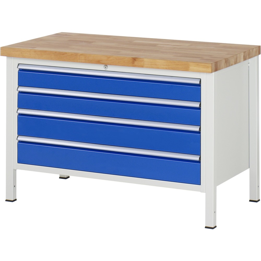 Číslo obrázku produktu 1: Pracovní stůl RAU řada 8000, VxŠxH 840 x 1250 x 700 mm, 4x zásuvka s výsuvem 100 %, 2 x 120, 2 x 150 mm, nosnost zásuvky 50 kg