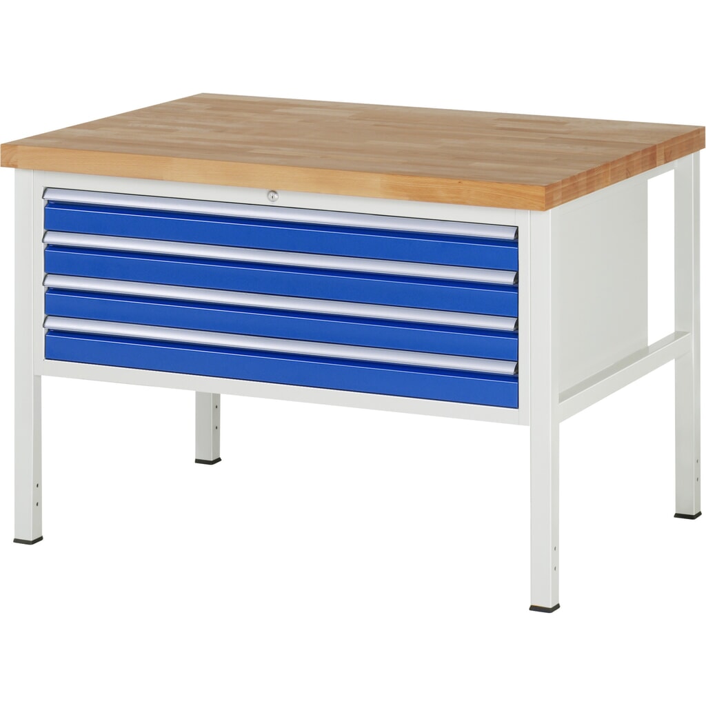 Pracovní stůl RAU řada 8000, VxŠxH 840 x 1250 x 900 mm, 4x zásuvka s výsuvem 100 %, 4 x 90 mm, nosnost zásuvky 50 kg Obrázek produktu: Pracovní stůl RAU řada 8000, VxŠxH 840 x 1250 x 900 mm, 4x zásuvka s výsuvem 100 %, 4 x 90 mm, nosnost zásuvky 50 kg