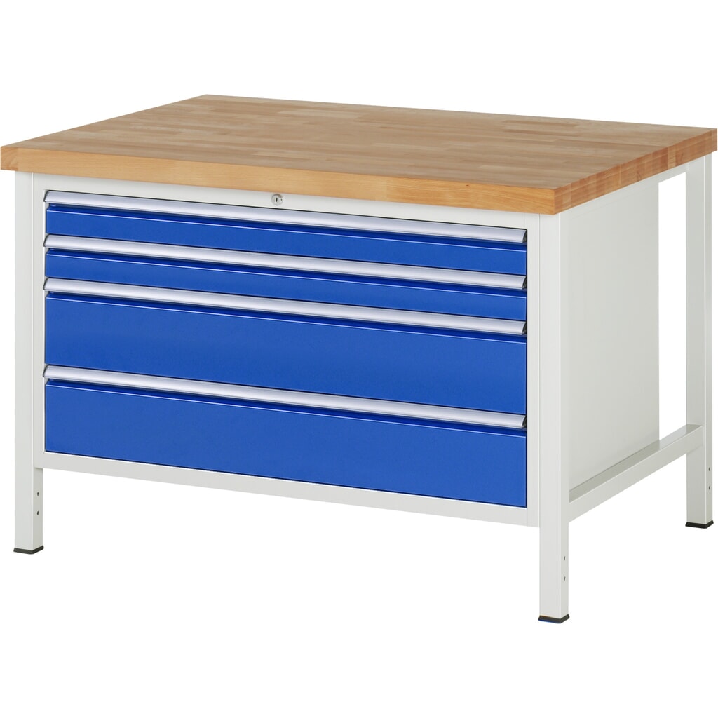 Pracovní stůl RAU řada 8000, VxŠxH 840-1040 x 1250 x 900 mm, 4x zásuvka s výsuvem 100 %, 2 x 90, 2 x 180 mm, nosnost zásuvky 50 kg Obrázek produktu: Pracovní stůl RAU řada 8000, VxŠxH 840-1040 x 1250 x 900 mm, 4x zásuvka s výsuvem 100 %, 2 x 90, 2 x 180 mm, nosnost zásuvky 50 kg
