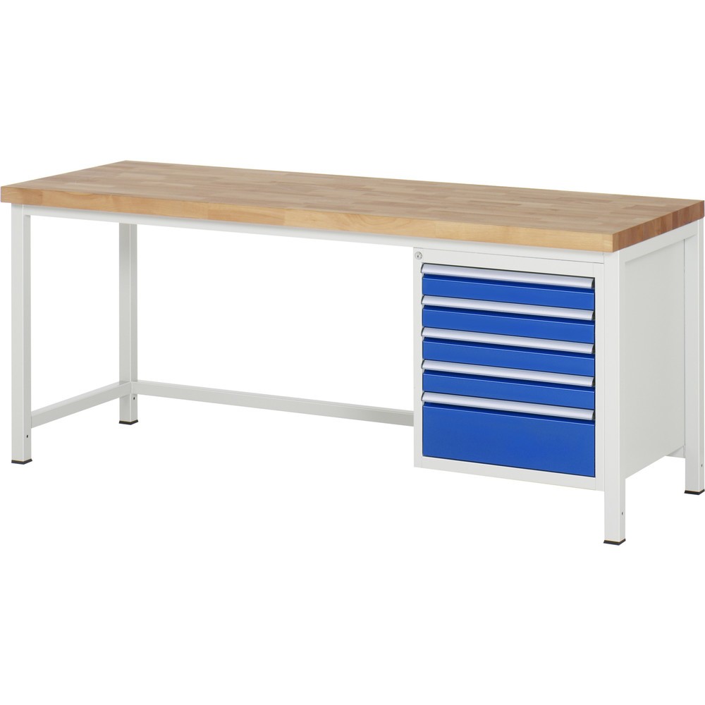 Číslo obrázku produktu 1: Pracovní stůl RAU řada 8000, VxŠxH 840-1040 x 2000 x 700 mm, 5x zásuvka s výsuvem 90 %, 4 x 90, 1 x 180 mm, nosnost zásuvky 100 kg