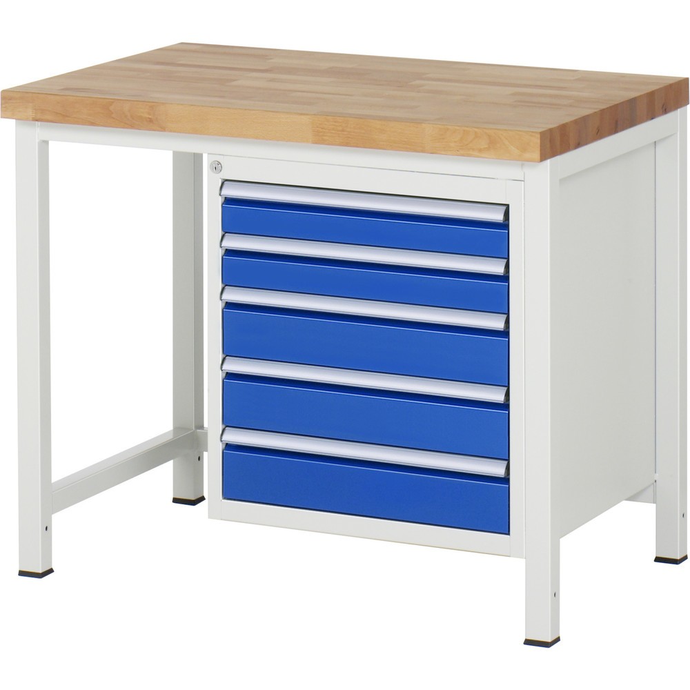 Obrázek produktu: Pracovní stůl RAU řada 8000, VxŠxH 840-1040 x 1000 x 700 mm, 5x zásuvka s výsuvem 100 %, 2 x 90, 3 x 120 mm, nosnost zásuvky 100 kg