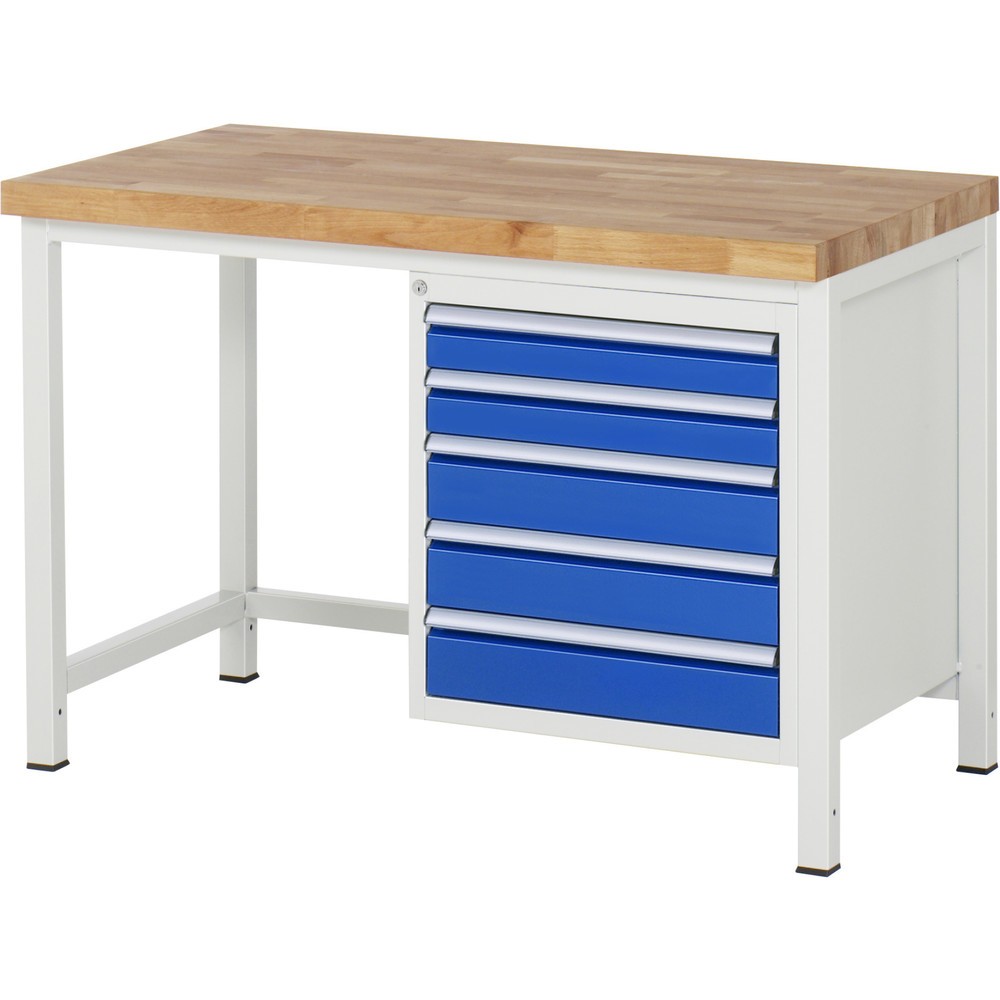 Číslo obrázku produktu 1: Pracovní stůl RAU řada 8000, VxŠxH 840 x 1250 x 700 mm, 5x zásuvka s výsuvem 90 %, 2 x 90, 3 x 120 mm, nosnost zásuvky 100 kg