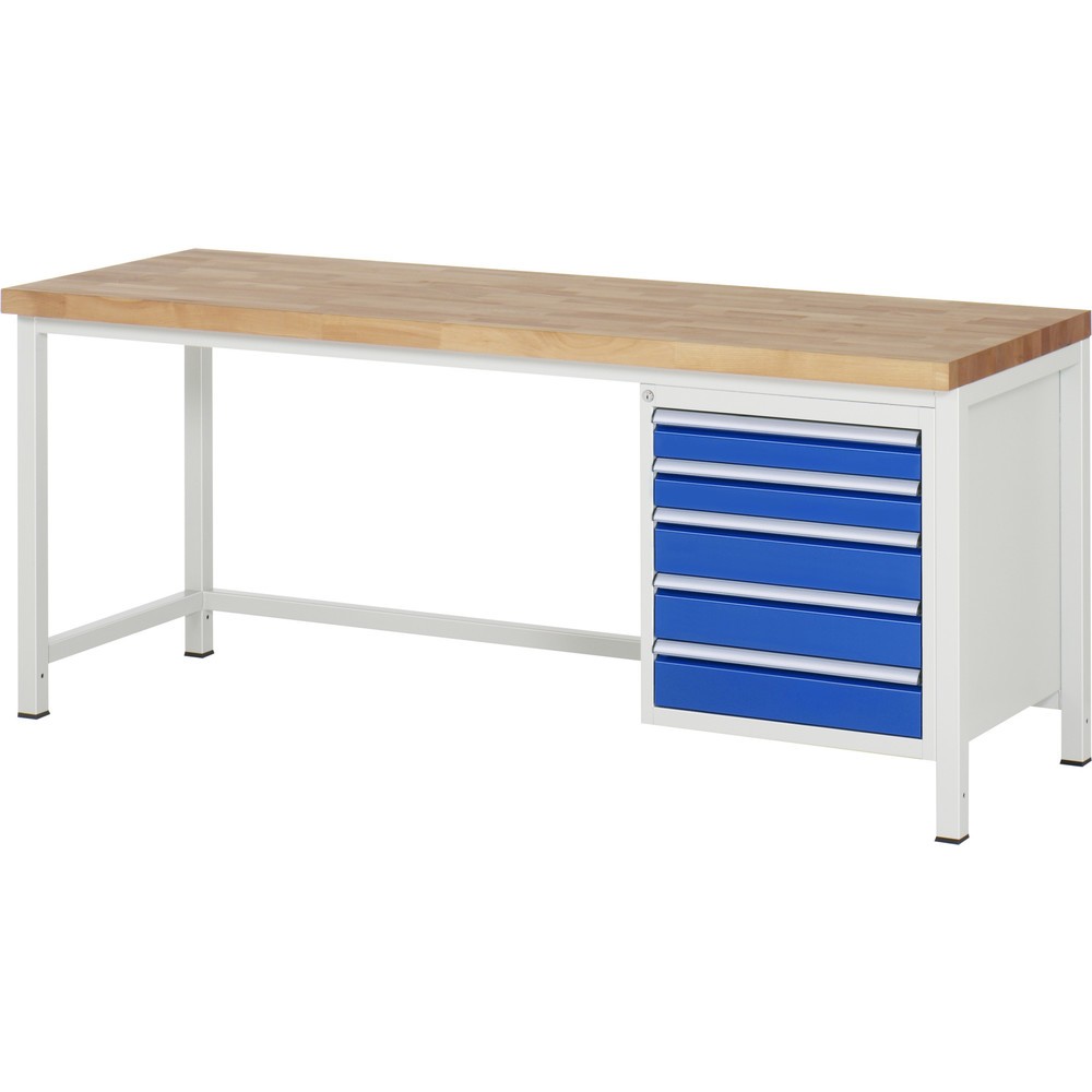 Číslo obrázku produktu 1: Pracovní stůl RAU řada 8000, VxŠxH 840-1040 x 2000 x 700 mm, 5x zásuvka s výsuvem 100 %, 2 x 90, 3 x 120 mm, nosnost zásuvky 100 kg