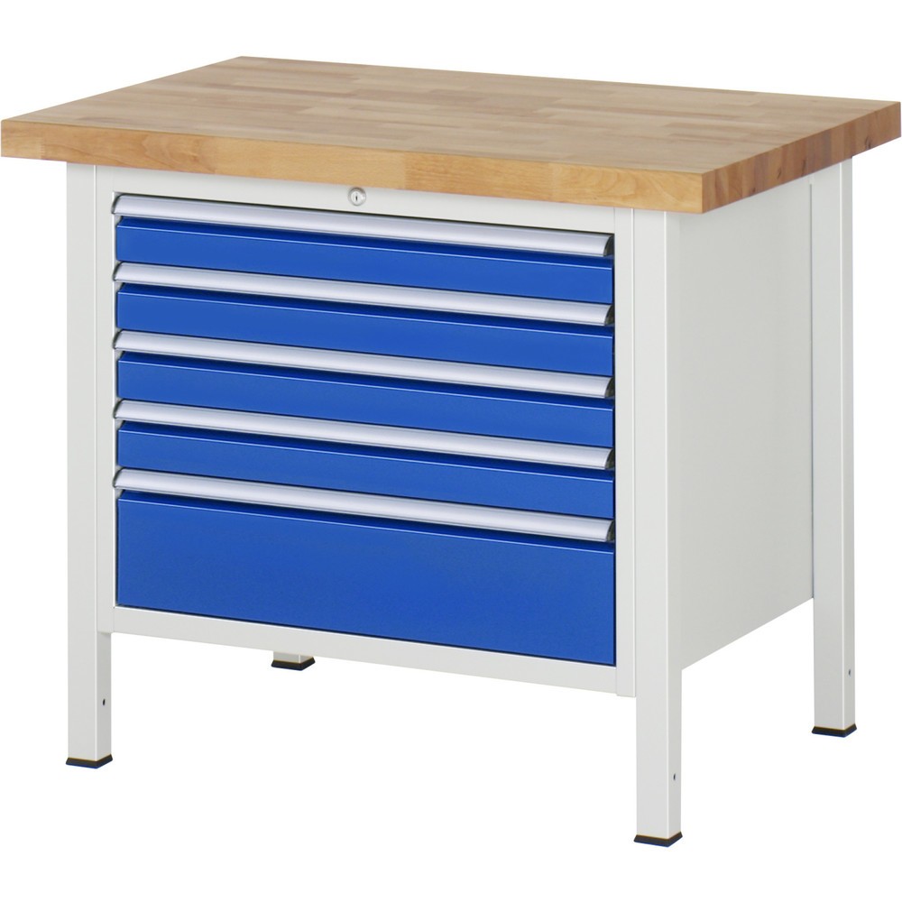 Číslo obrázku produktu 1: Pracovní stůl RAU řada 8000, VxŠxH 840-1040 x 1000 x 700 mm, 5x zásuvka s výsuvem 100 %, 4 x 90, 1 x 180 mm, nosnost zásuvky 75 kg