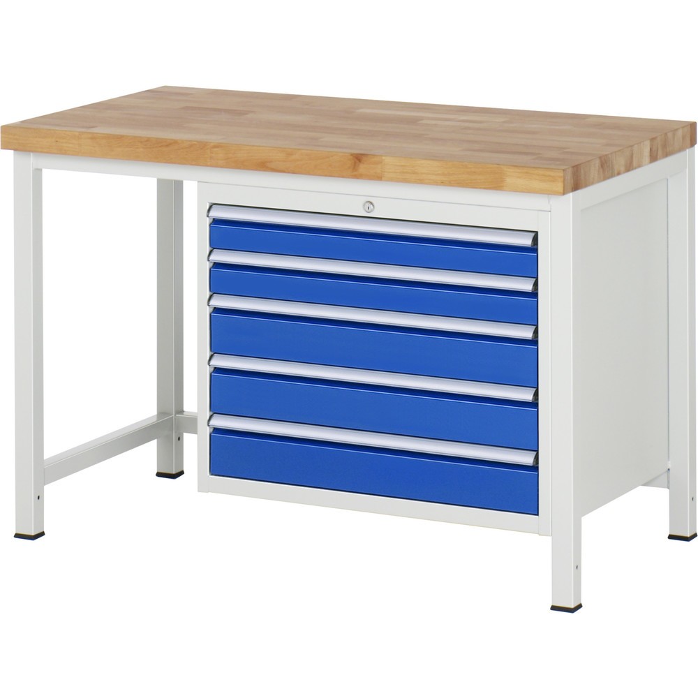 Číslo obrázku produktu 1: Pracovní stůl RAU řada 8000, VxŠxH 840 x 1250 x 700 mm, 5x zásuvka s výsuvem 100 %, 2 x 90, 3 x 120 mm, nosnost zásuvky 75 kg