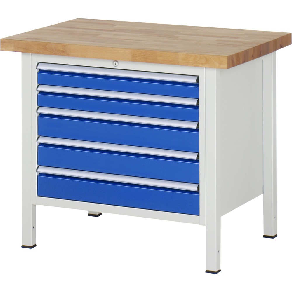 Číslo obrázku produktu 1: Pracovní stůl RAU řada 8000, VxŠxH 840 x 1000 x 700 mm, 5x zásuvka s výsuvem 100 %, 2 x 90, 3 x 120 mm, nosnost zásuvky 75 kg
